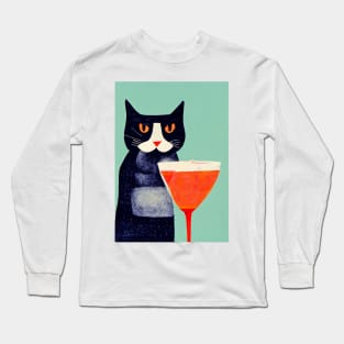 Cat with a Drink Retro Poster Vintage Art Cat Wall Cocktail Illustration Illustration Long Sleeve T-Shirt